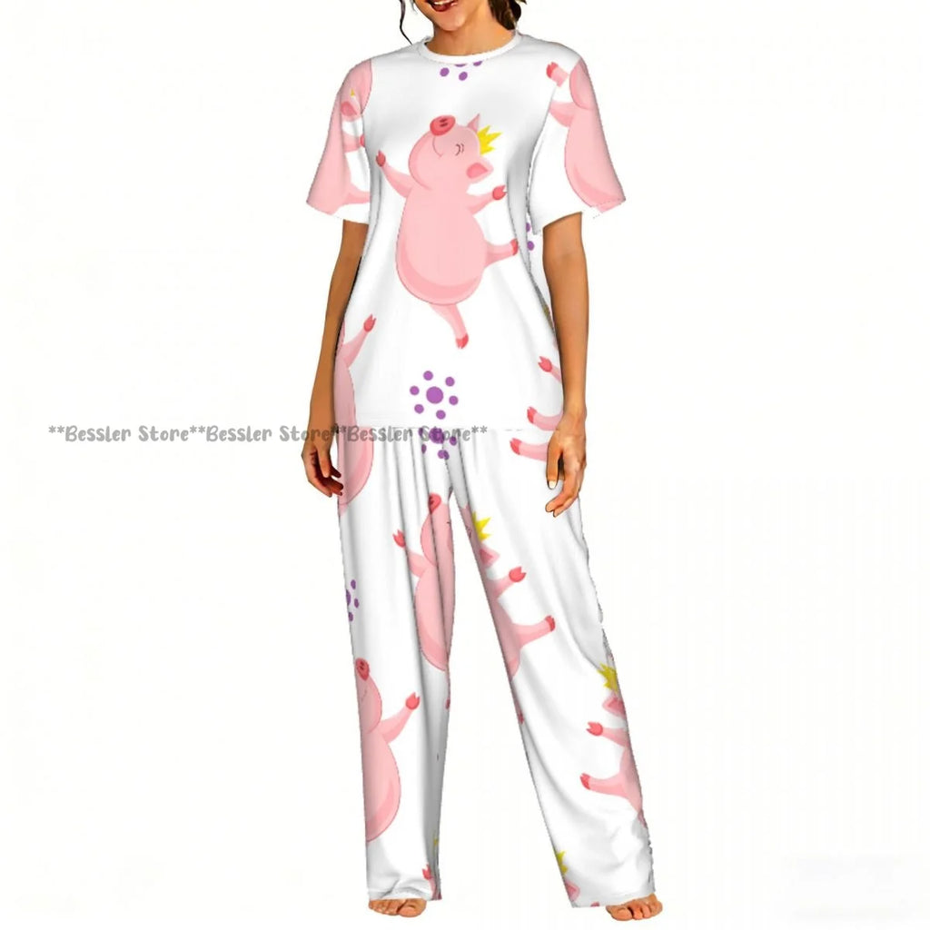 Women Pajama Sets Lounge Sleepwear Cartoon Pig Pink Background Short Sleeve Nightwear