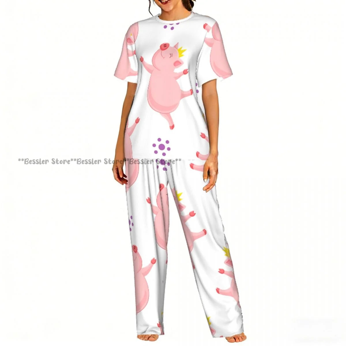 Women Pajama Sets Lounge Sleepwear Cartoon Pig Pink Background Short Sleeve Nightwear