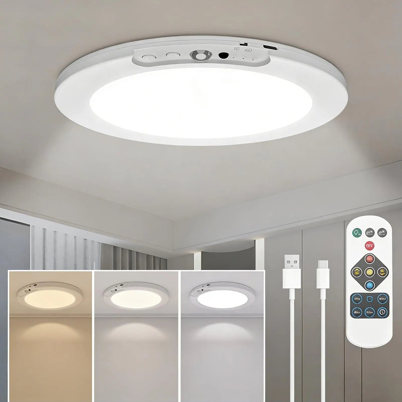Motion Sensor Closet Light Wireless Rechargeable Lamp Battery Operated Ceiling Light With Remote For Home Pantry Shower Stair