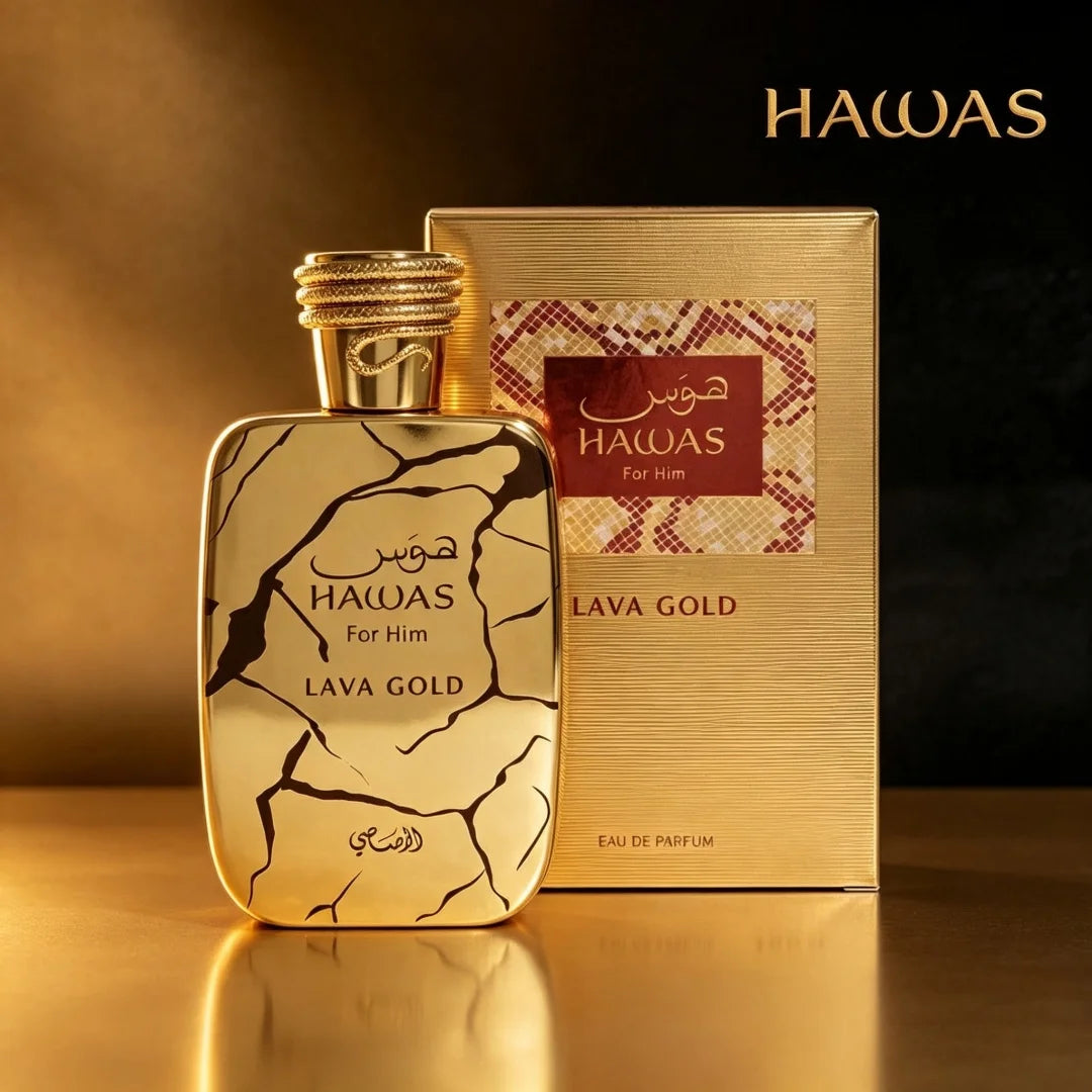 Hawas Lava Gold by Rasasi 100ml Men’s EDP Oriental Woody Perfume, Pineapple Apple & Oud Scent
