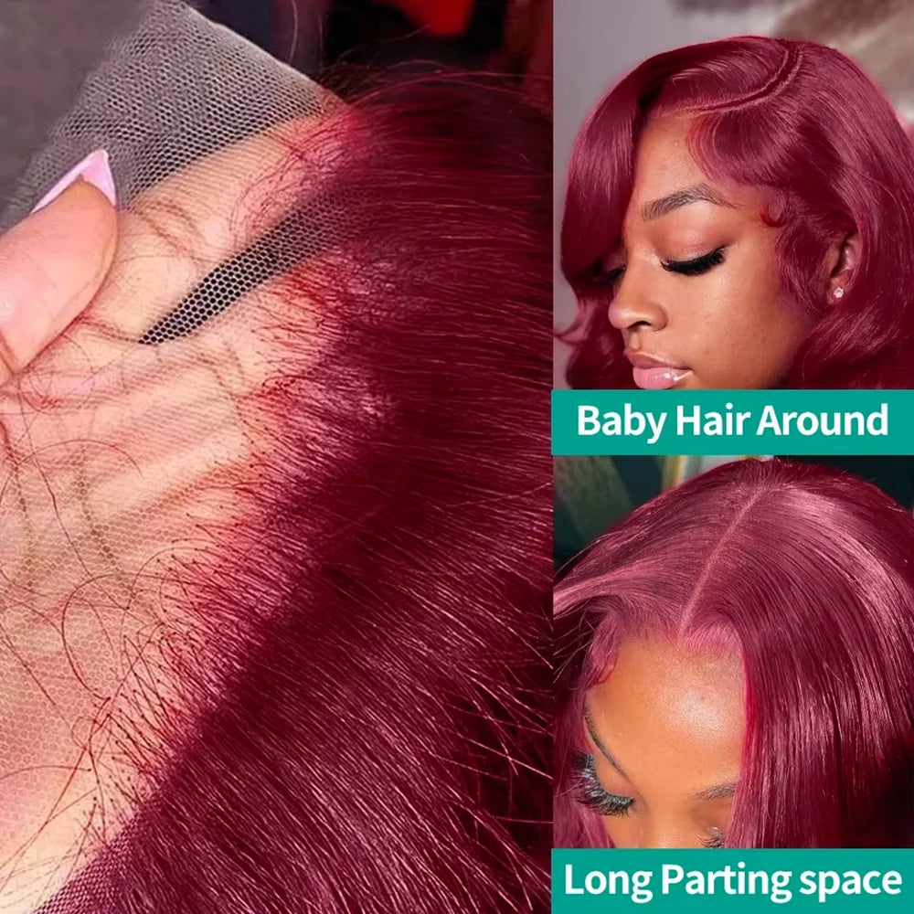99J Burgundy Red 34 Inch Body Wave Lace Front Wigs 13x4 HD Transparent Human Hair Pre Plucked Dark Burgundy 99J Colored Wig 13x6 Lace  Wigs Pre-Plucked Body Wave Hairstyle For Women
