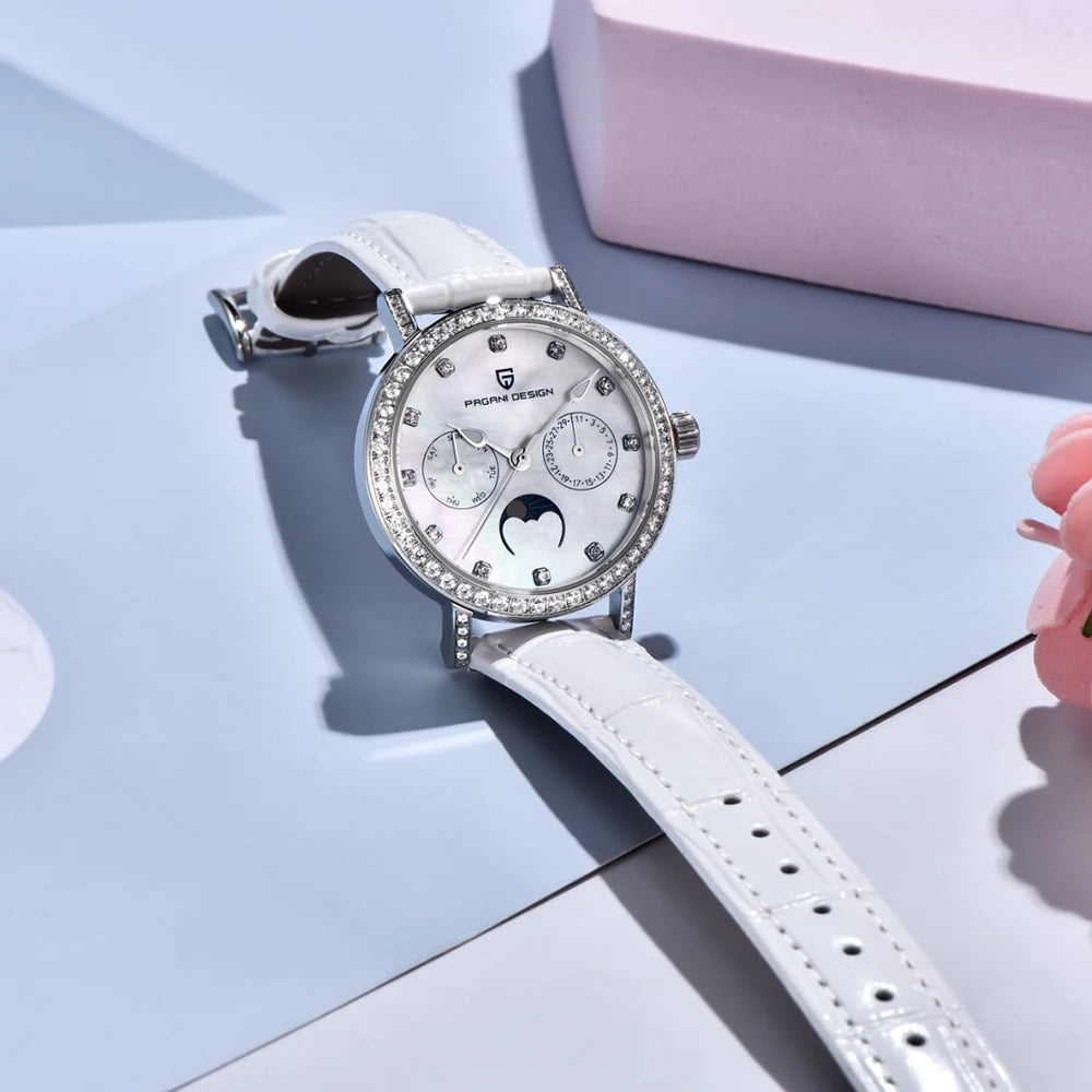 PAGANI DESIGN Women Quartz Watch Mop Dial Diamond Bezel Moon Phase Week Date Multi-function 50M Waterproof White Leather watch