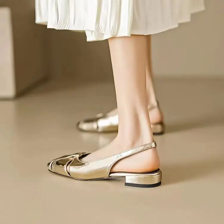 Cover Toe Low Heel Pumps Women's Sandals Gold Silver Slip on Comfortable Outwear Summer PU Leather Sandals Zapatos De Mujer