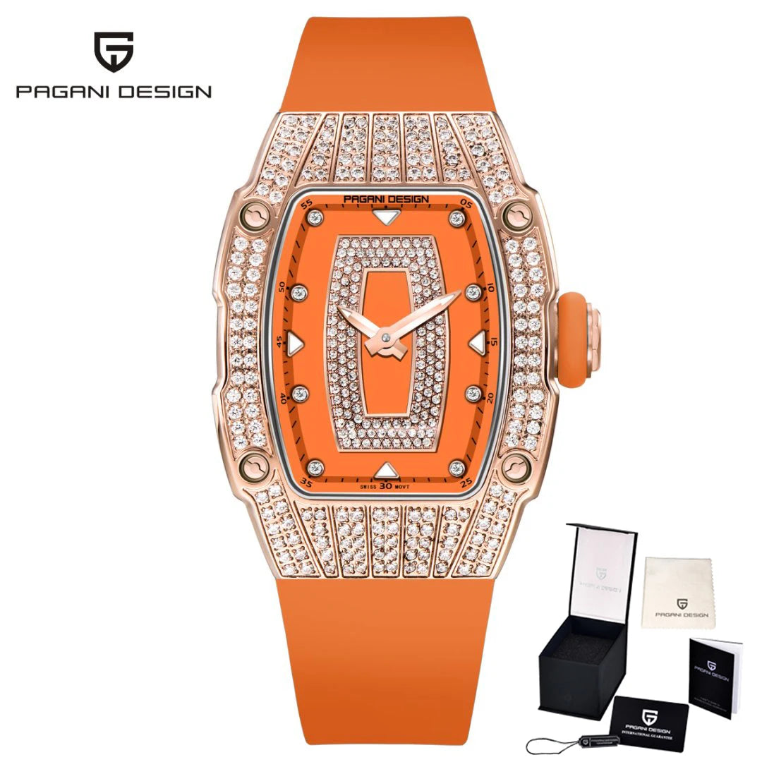 PAGANI DESIGN Top Luxury Diamond encrusted Women's Watch Fashion RubberWaterproof LuminousWine Bucket Case Women'sWatch+Gift Box