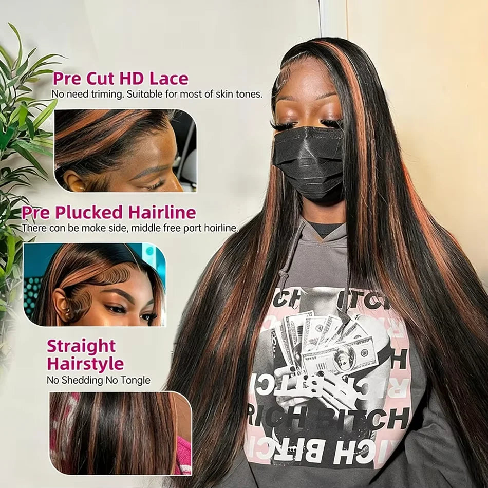 FB30 Bone Straight Human Hair 13x4 HD Transparent Lace Front Wig Brazilian Human Hair Pre Plucked Bleached Knots Glueless Wig For Black Women No Shed No Tangle 30 40 Inch