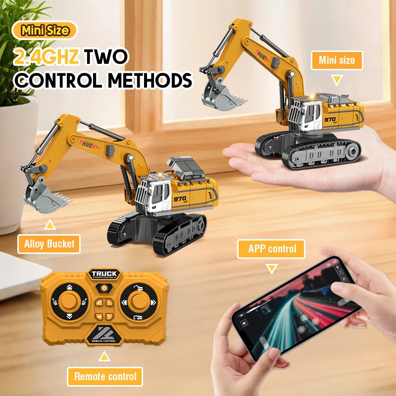 1:64 Mini RC Excavator Crawler Tipper Truck Remote Control Engineering Vehicle with Light and Sound Mini Gift Toy RC Truck