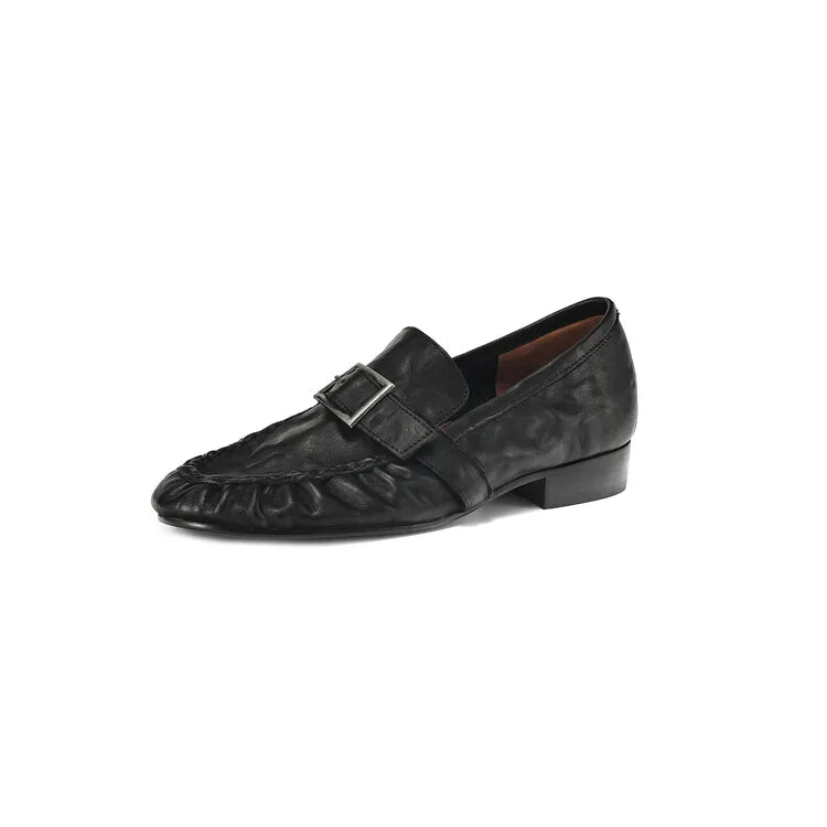 New Autumn Genuine Leather Women Pumps Fashion Pleated Round Toe Shoes for Women Thick Heel Women Loafers Zapatos Mujer Low Heel