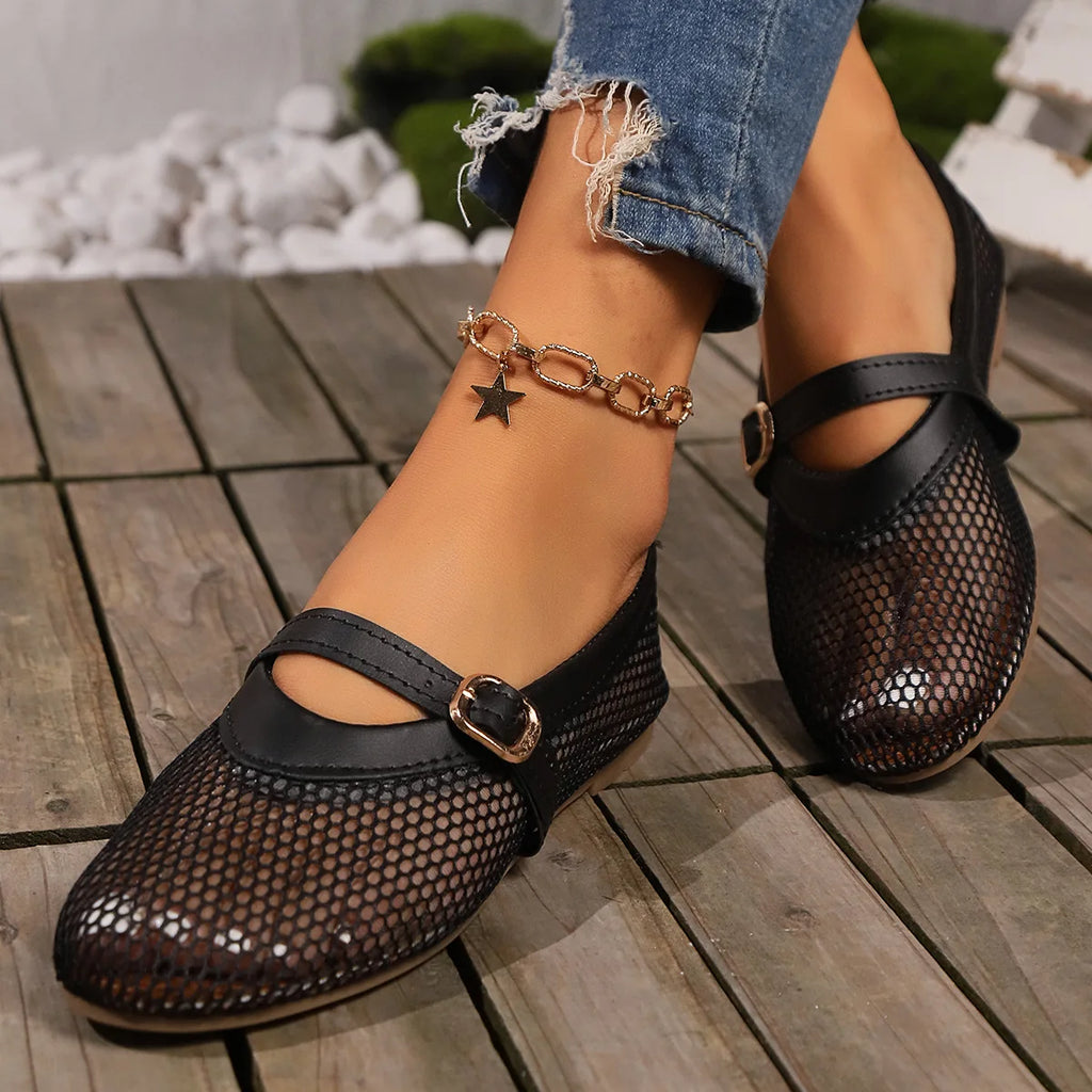 Casual Breathable Mesh Slip-On Women's Sandals Summer Hot Sale Of The Season Flat Bottom Buckle Design Comfortable Rubber Sol...
