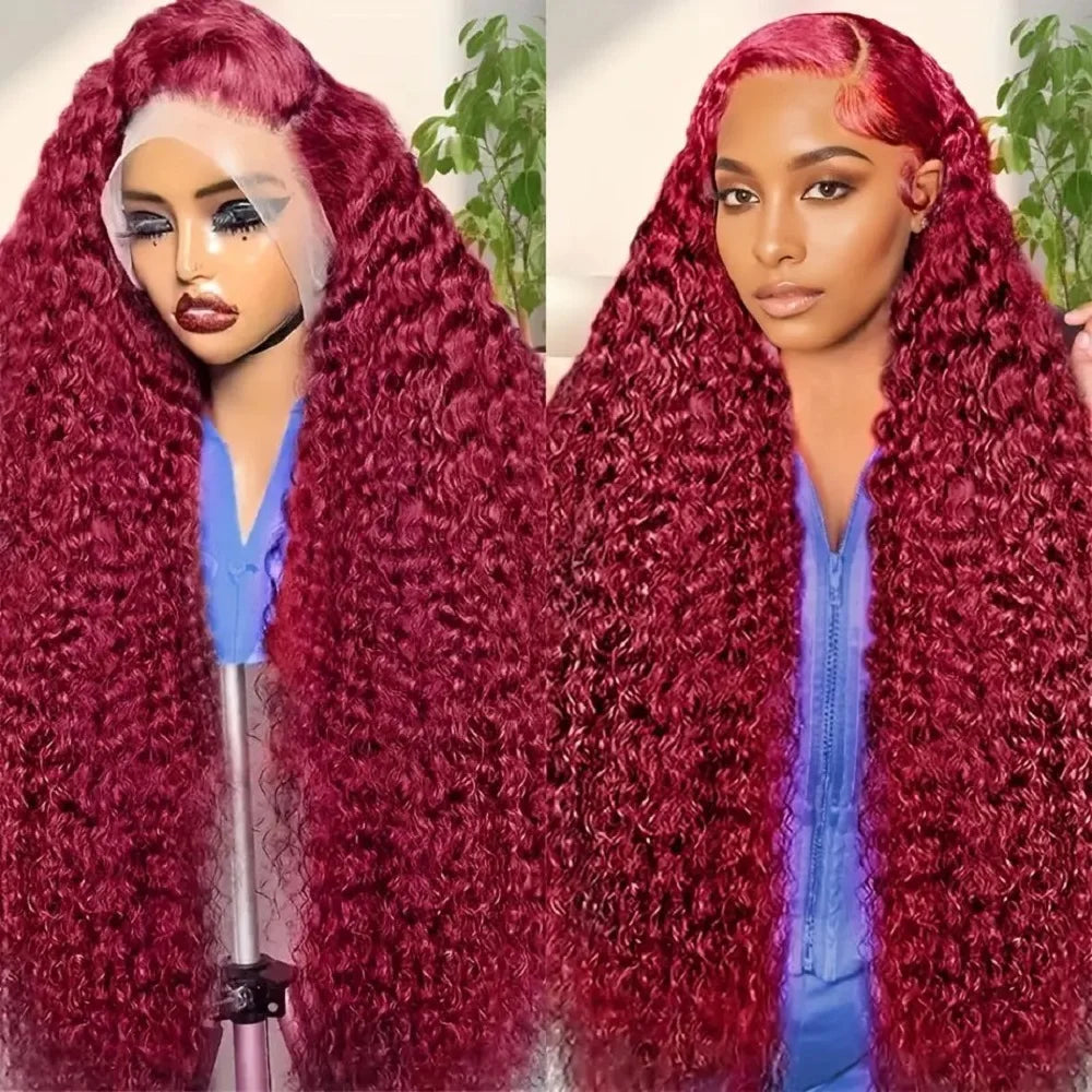 200 Density Burgundy Deep Wave Human Hair Wig 99J Colored 13x4 13x6 HD Water Curly Wave Full Lace Frontal Wigs For Women 46 Inch