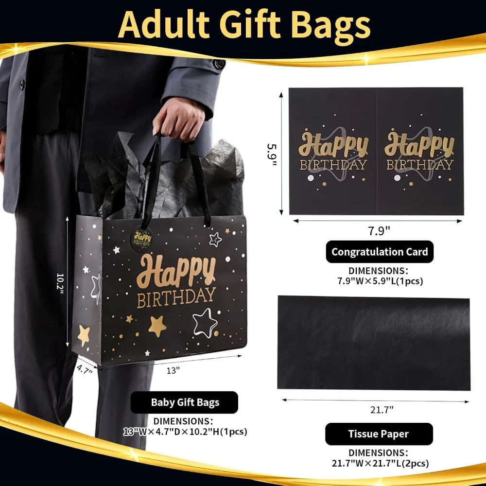 Medium Black Starry Sky Birthday Gift Bag Set with Crinkle Tissue Paper Greeting Card and Ribbon for Party Celebration Unisex