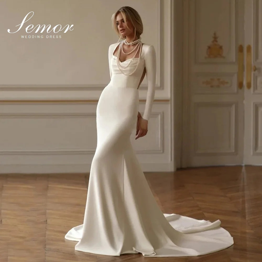 Semor Simple Satin Long Sleeves Robe de mariée Customized Sweetheart Mermaid Bridal Gowns Modern Ruched Wedding Dress For Woman