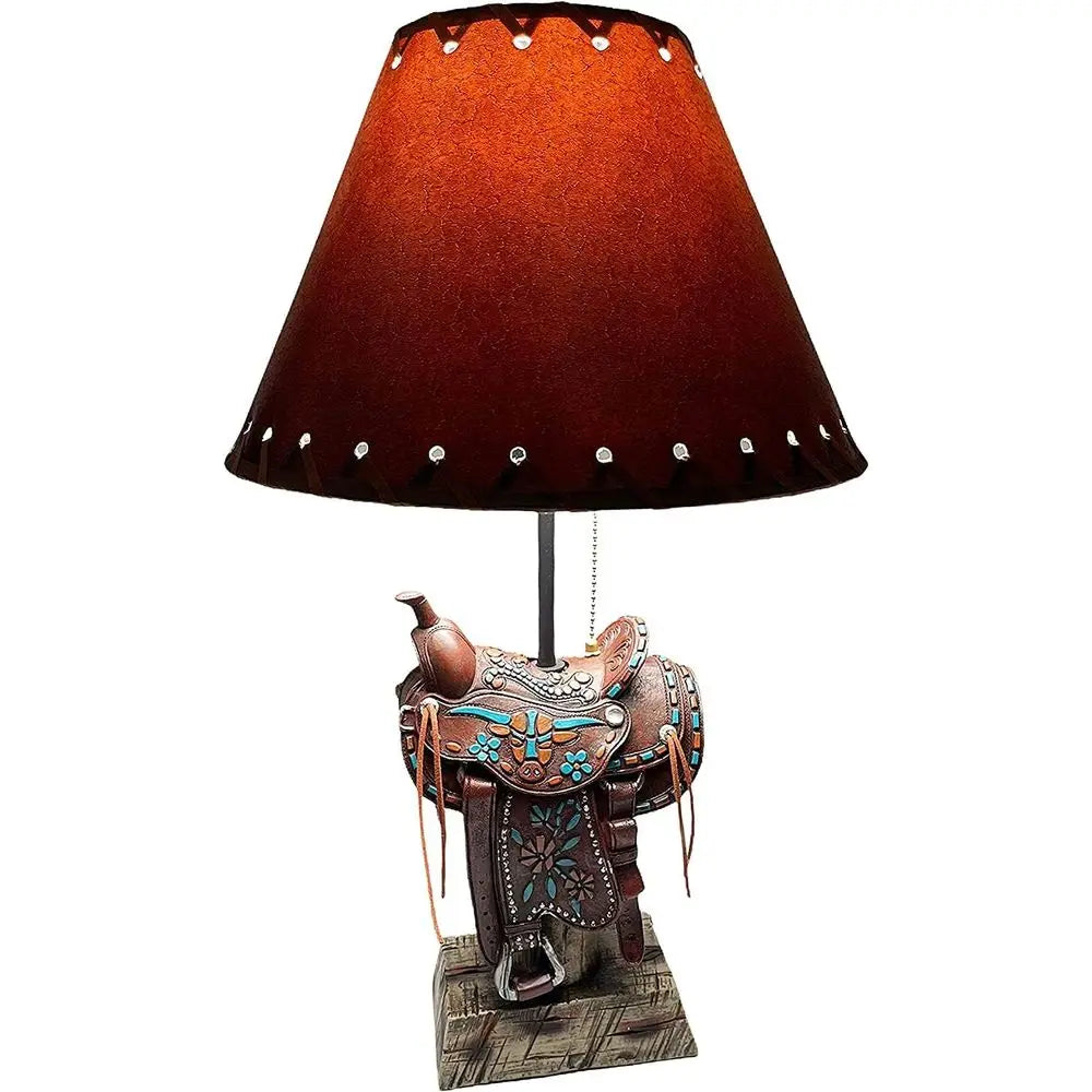 Western Brown and Teal Longhorn Cowboy-Style Home Decor Table Lamp for Living Room, Nightstands, and Bedrooms