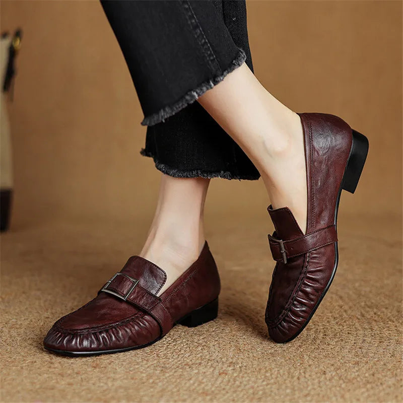 New Autumn Genuine Leather Women Pumps Fashion Pleated Round Toe Shoes for Women Thick Heel Women Loafers Zapatos Mujer Low Heel