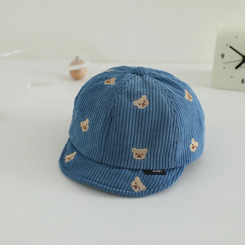 Spring Cotton Corduroy Bear Print Hat Cartoon Cute Baby Baseball Hat Solid Color Duck Tongue Cap Boys Girls Toddler Kids Hat