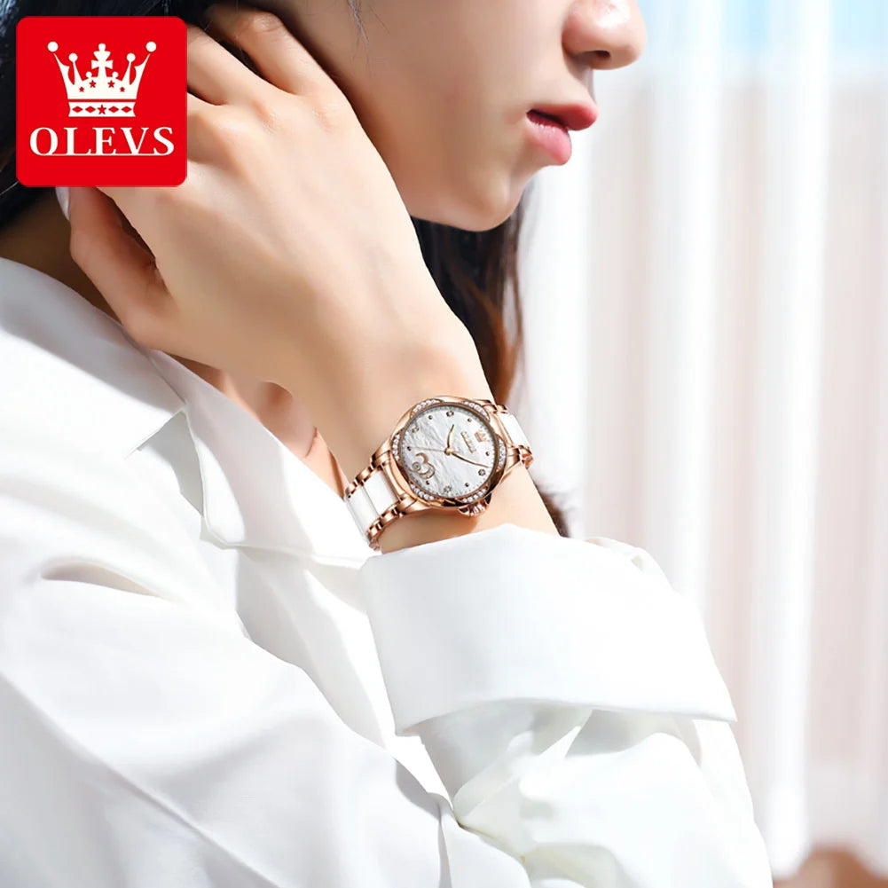 OLEVS Elegant Fashion Women's Watches Ceramic Strap Original Brand Automatic Mechanical Wristwatch for Lady Waterproof Date Love