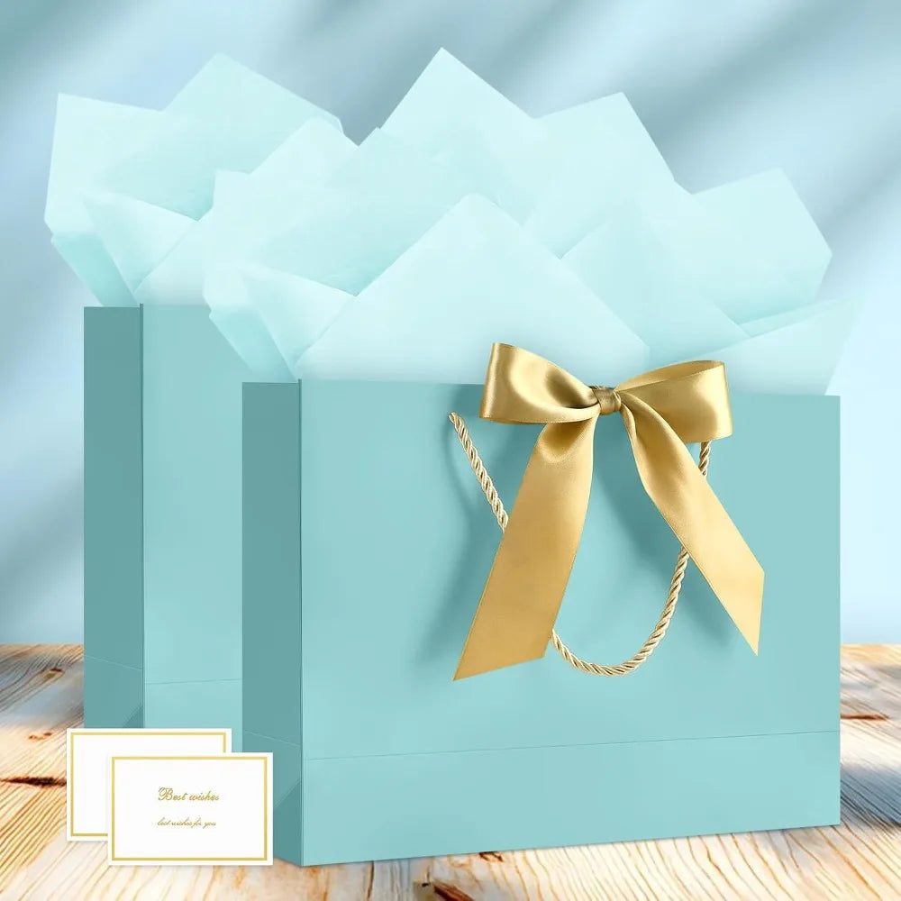 Medium Gift Bags with Handles 13 Inch Gift Bags for Presents with 2 Tissue Paper and 1 Card for Graduation Baby Shower Wedding Birthday Party Fathers Day Mothers Day Baby Blue