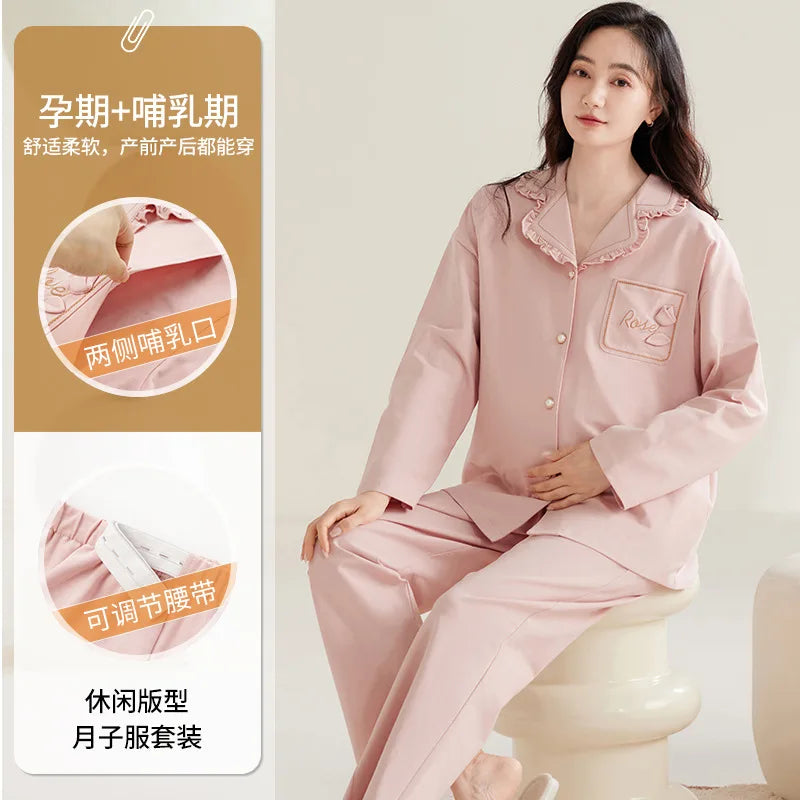 Maternity Women Pajamas Set Pregnant Pure Cotton Breastfeeding Loungewear Sweet Long Sleeve Trousers Cardigan 2 Piece Set Pjs