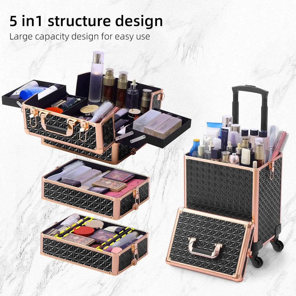 Rolling Makeup Case Makeup Train Case With Lid 5 In 1 Cosmetology Case On Wheels Large Makeup Organizers Professional Cosmetic Case For Salon Barber Black Gold