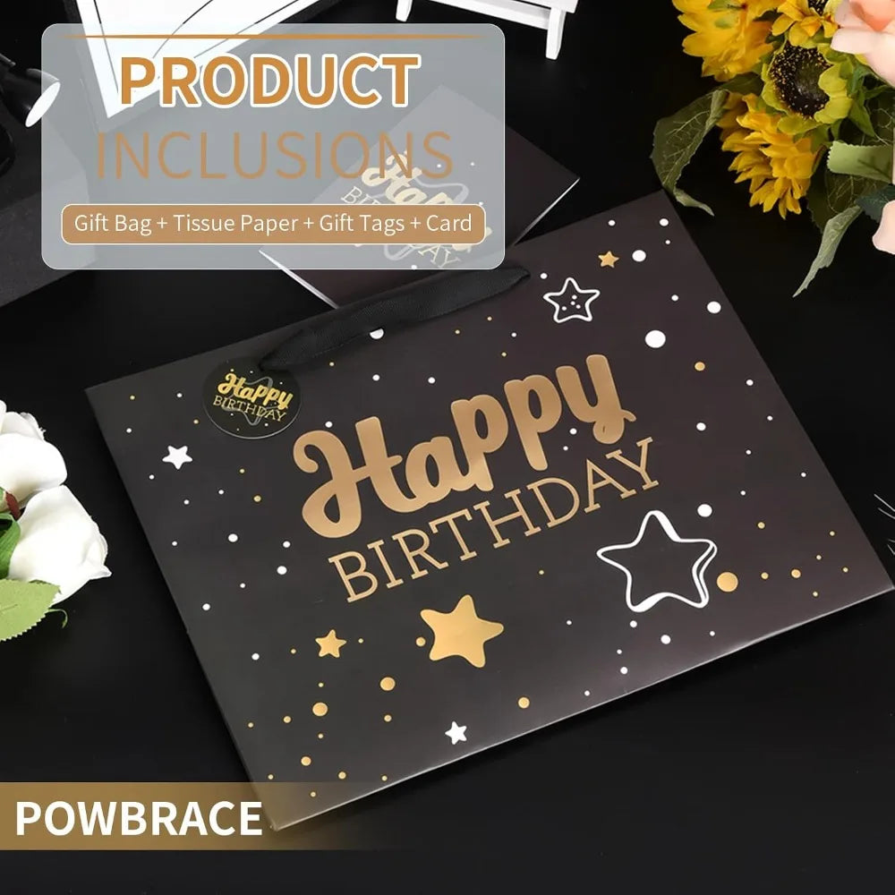 Medium Black Starry Sky Birthday Gift Bag Set with Crinkle Tissue Paper Greeting Card and Ribbon for Party Celebration Unisex