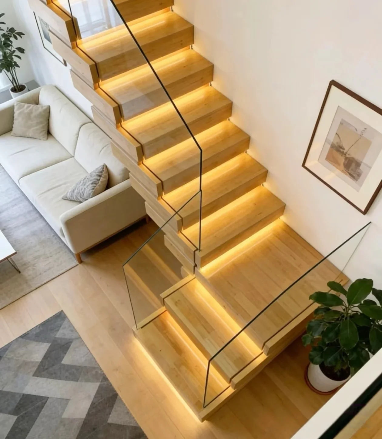 Solid Wood Stackable Staircase Step Lights Natural Oak Finish Recessed LED Glass Railing Customizable Indoor Villa Modern Homes