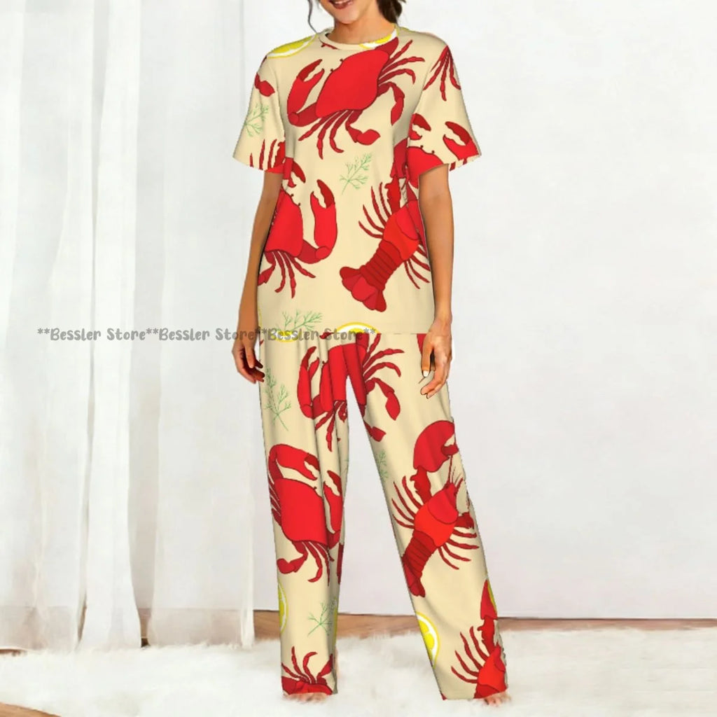 Women's 2-piece set Lobster And Crab With Lemon And Dill Pajamas Short sleeved Top and Pants Sleepwear