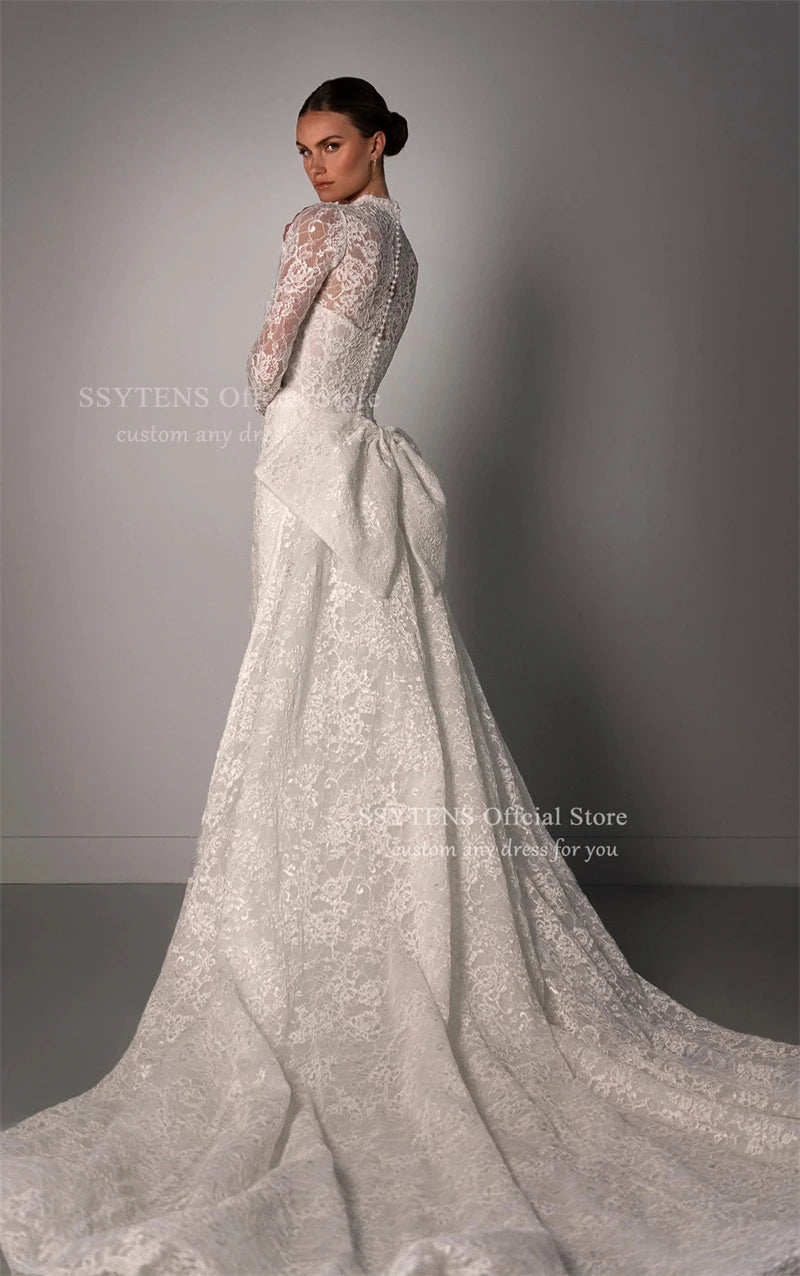 SSYTENS Luxury Lace Wedding Dresses Long Sleeves V Neck Bride Dress Detachable Bow Train Sheath Mermaid Bridal Gowns Customised