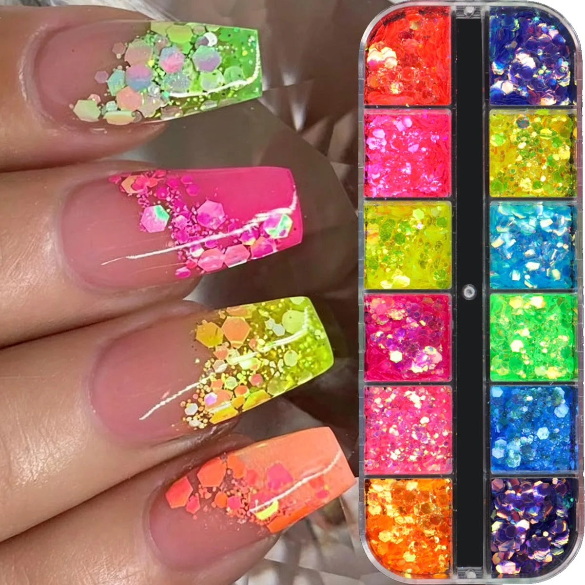 12 Grids Fluorescent Glitter Nail Art Sequins Sparkly Irregular Nail Flakes Powder Nail Art Mermaid Makeup Manicure Decorations