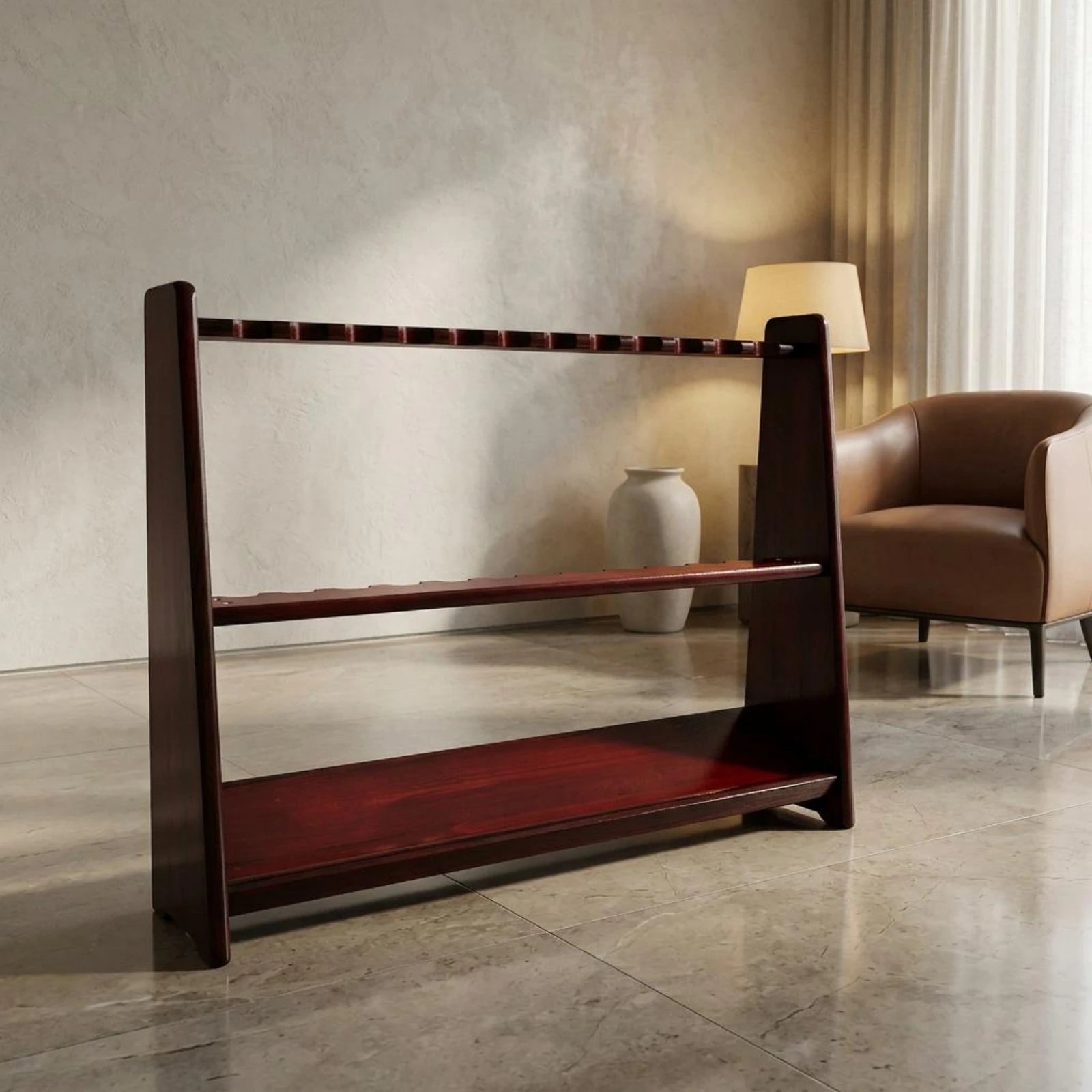 Floor-Standing Cue Rack Lower Shelf Wood Cue Rack Pool Stick Holder Trapezoid Profile Game Room Storage Furniture-Grade