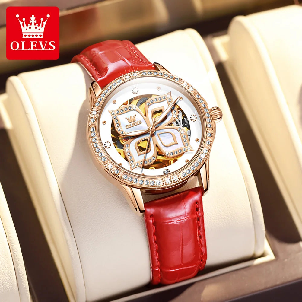 OLEVS 6612 Fashion Women's Watches Lucky Four-Leaf Clover Dial Original Brand Automatic Mechanical Wristwatch Ceramics Strap