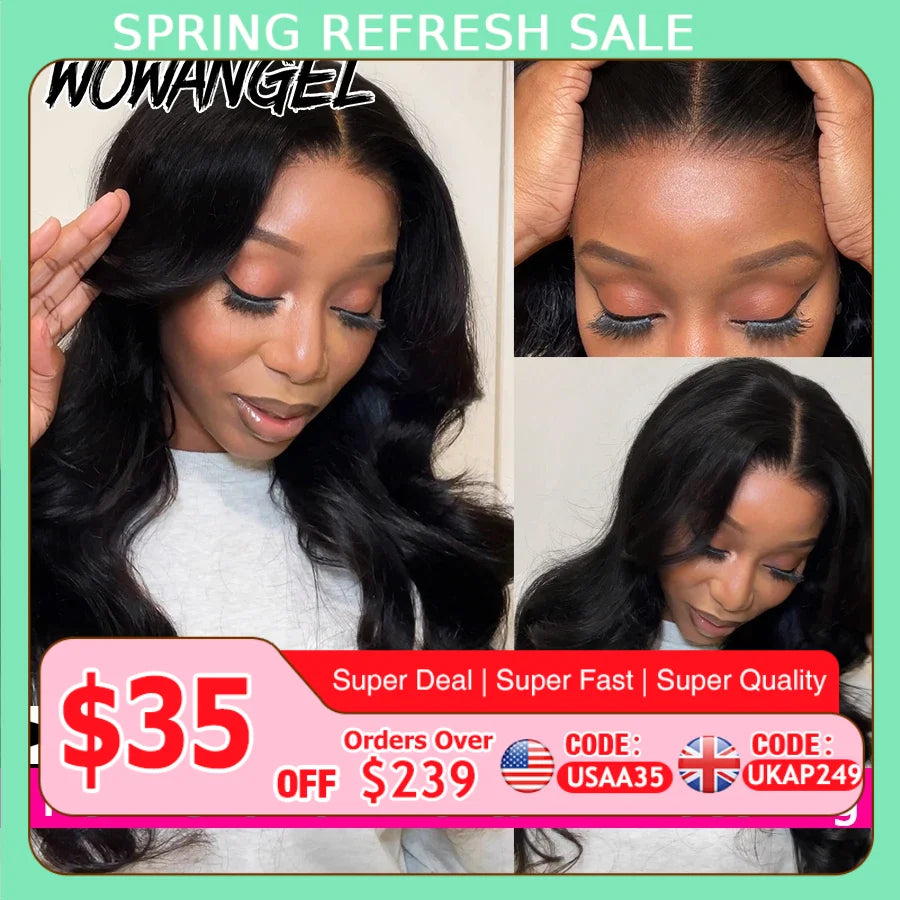 Wow Angel Body Wave Jet Black 250% 13x6 HD Lace Full Frontal Human Hair Wigs SkinLike HD Lace Front Wigs Pre Plucked for Women