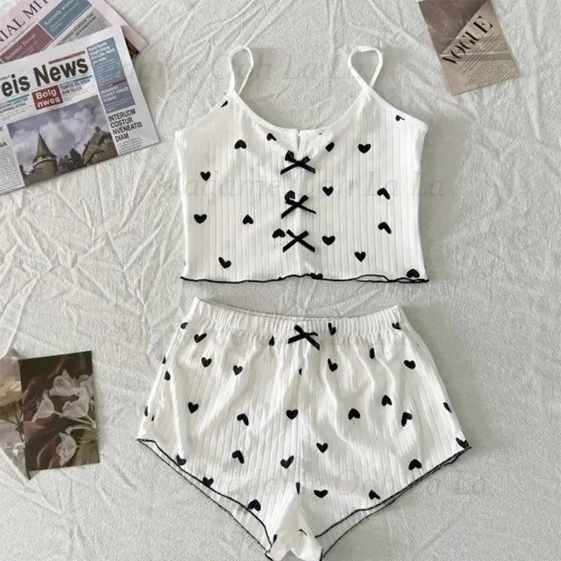 Sexy Heart Print Pajama Set for Women Sleepwear Silk Stain V-Neck Sleeveless Casual Cami Top and Shorts Sets Loungewear