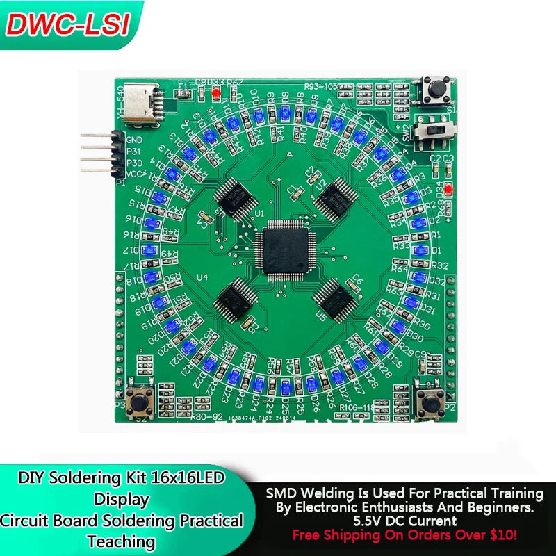 DIY Patch Welding Practice Board Electronic Welding Kit 5V Welding Kit 16x16LED Display Practice Teaching Circuit Board