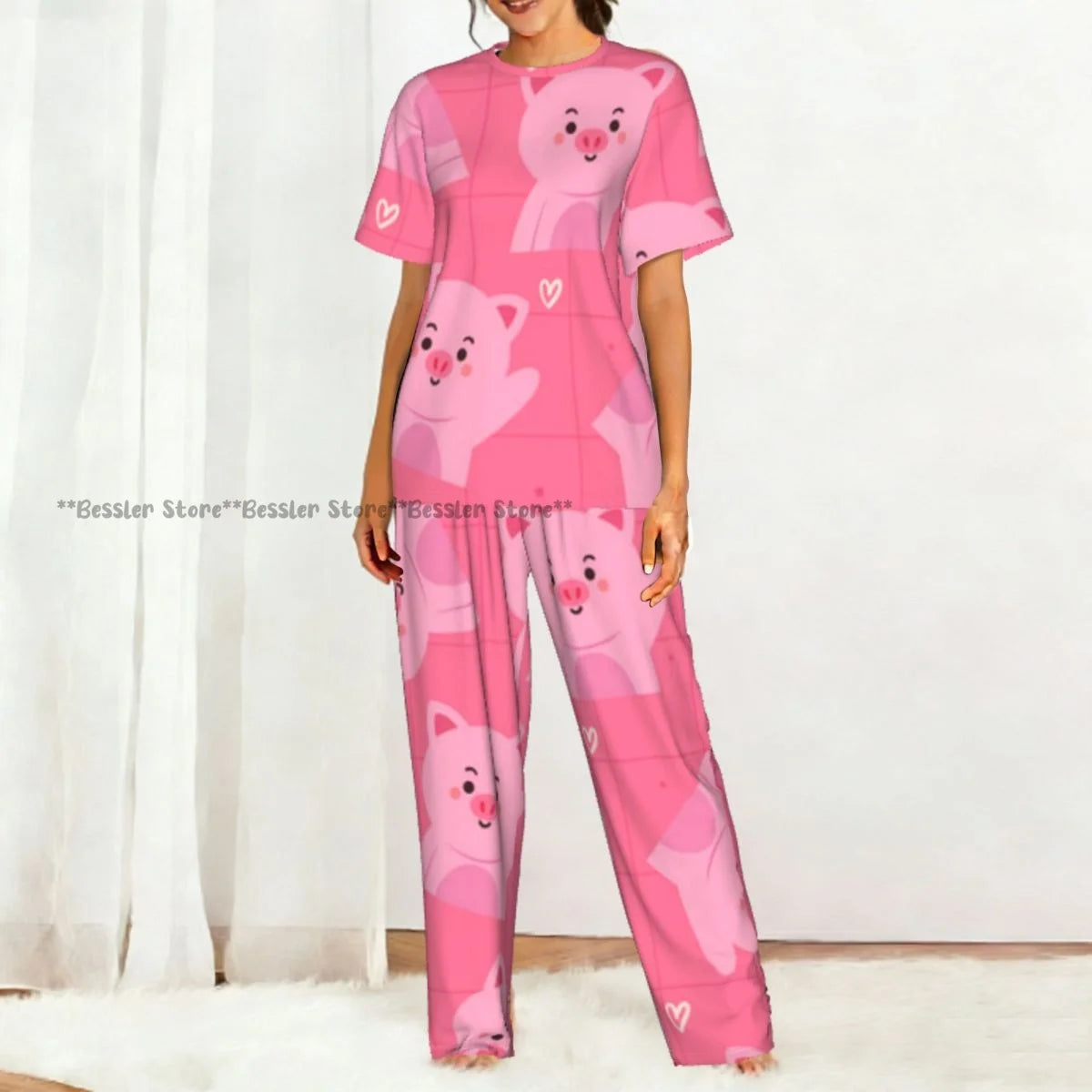 Women Pajama Sets Lounge Sleepwear Cartoon Pig Pink Background Short Sleeve Nightwear