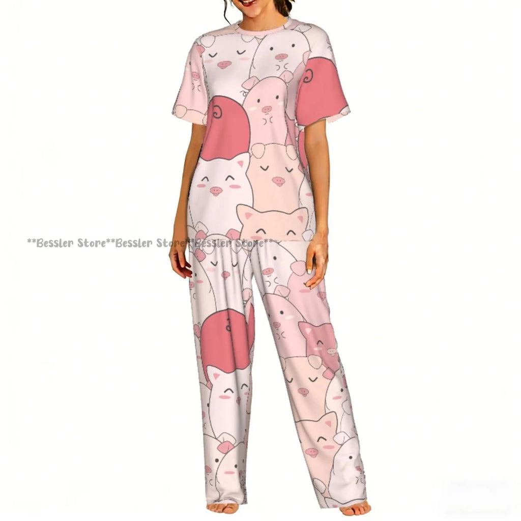 Women Pajama Sets Lounge Sleepwear Cartoon Pig Pink Background Short Sleeve Nightwear