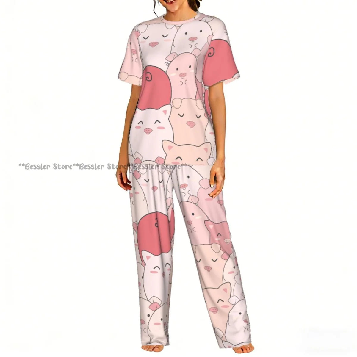 Women Pajama Sets Lounge Sleepwear Cartoon Pig Pink Background Short Sleeve Nightwear