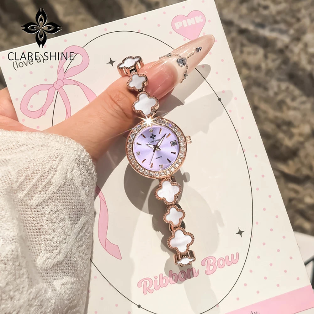 CLARE SHINE 7701 Lucky series small lucky four-leaf clover quartz women's watch with diamond bezel imported movement