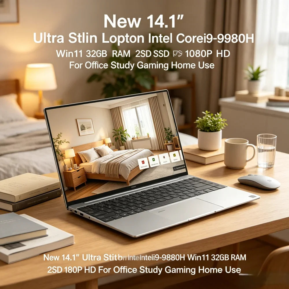 14.1 Inch Ultra Slim Laptop Intel Core i9-9880H Win11 32GB RAM 2TB SSD 1080P HD Multifunctional Laptop