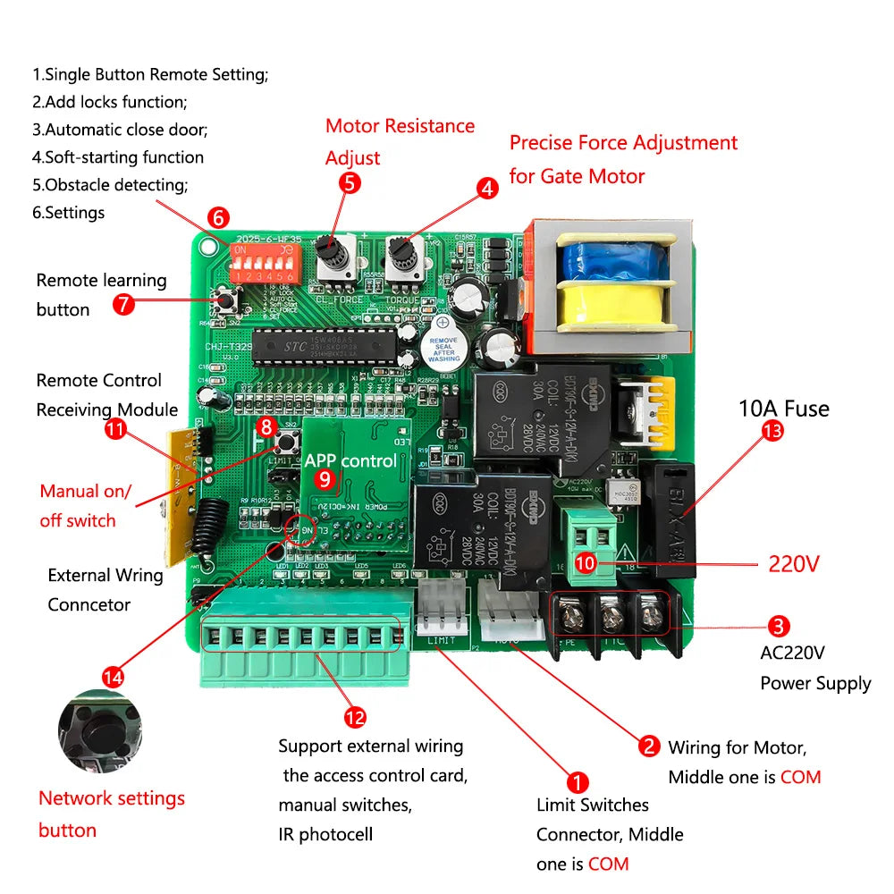 220V-230V AC Sliding Gate Motor Control Board WiFi Tuya Smart App LED Indicator Electric Door Motor with 433mhz Remote Control
