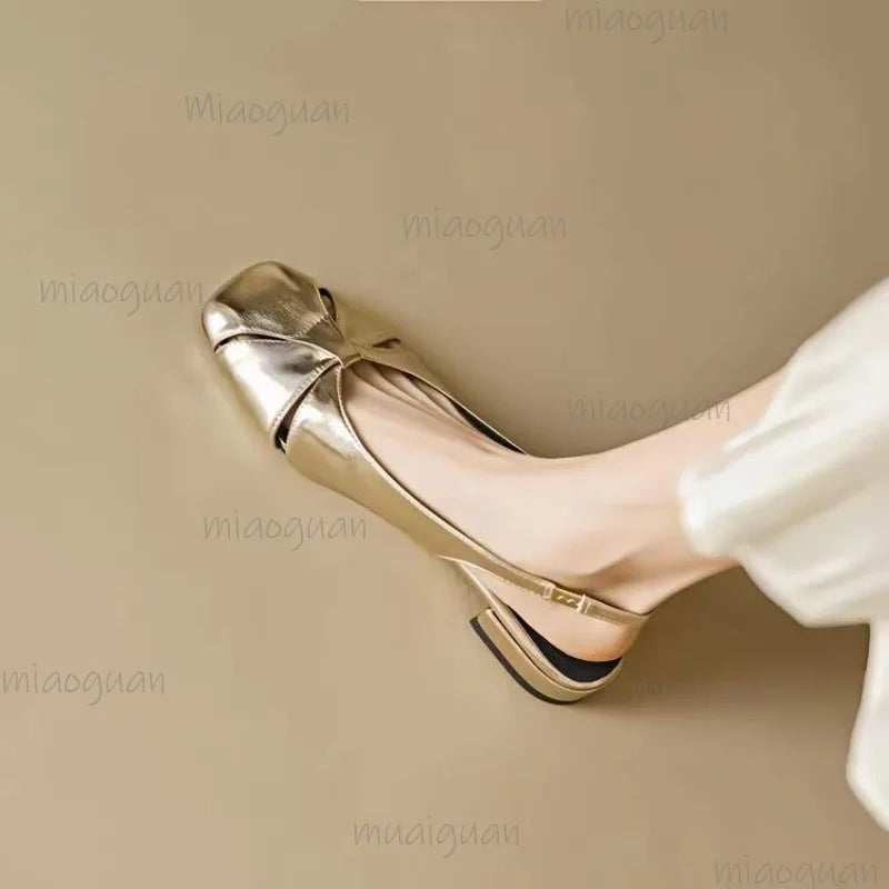 Cover Toe Low Heel Pumps Women's Sandals Gold Silver Slip on Comfortable Outwear Summer PU Leather Sandals Zapatos De Mujer