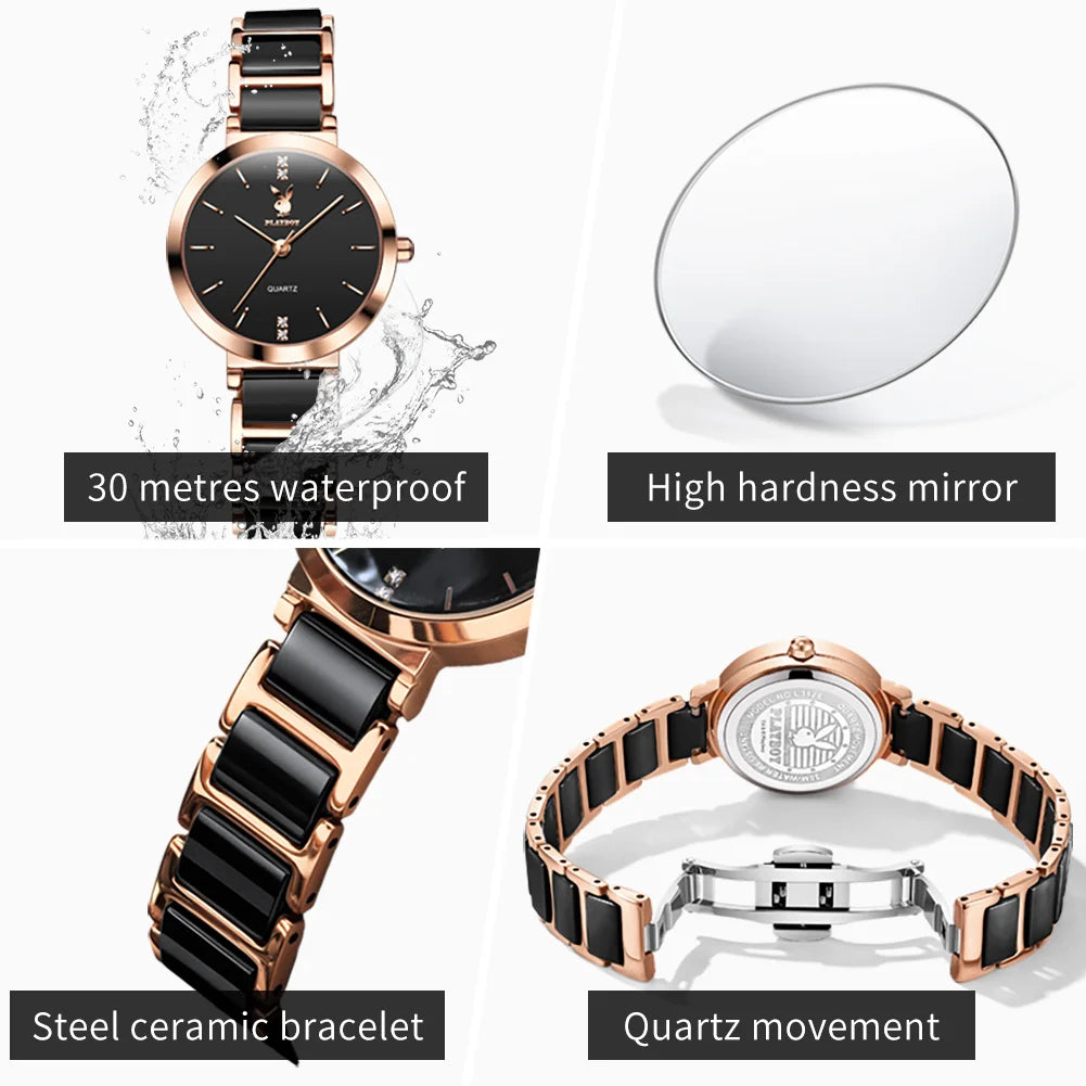 PLAYBOY 3128 Brand original authentic watch for woman Gift Box Ceramic strap quartz women's watch