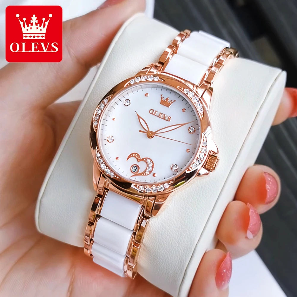 OLEVS Elegant Fashion Women's Watches Ceramic Strap Original Brand Automatic Mechanical Wristwatch for Lady Waterproof Date Love