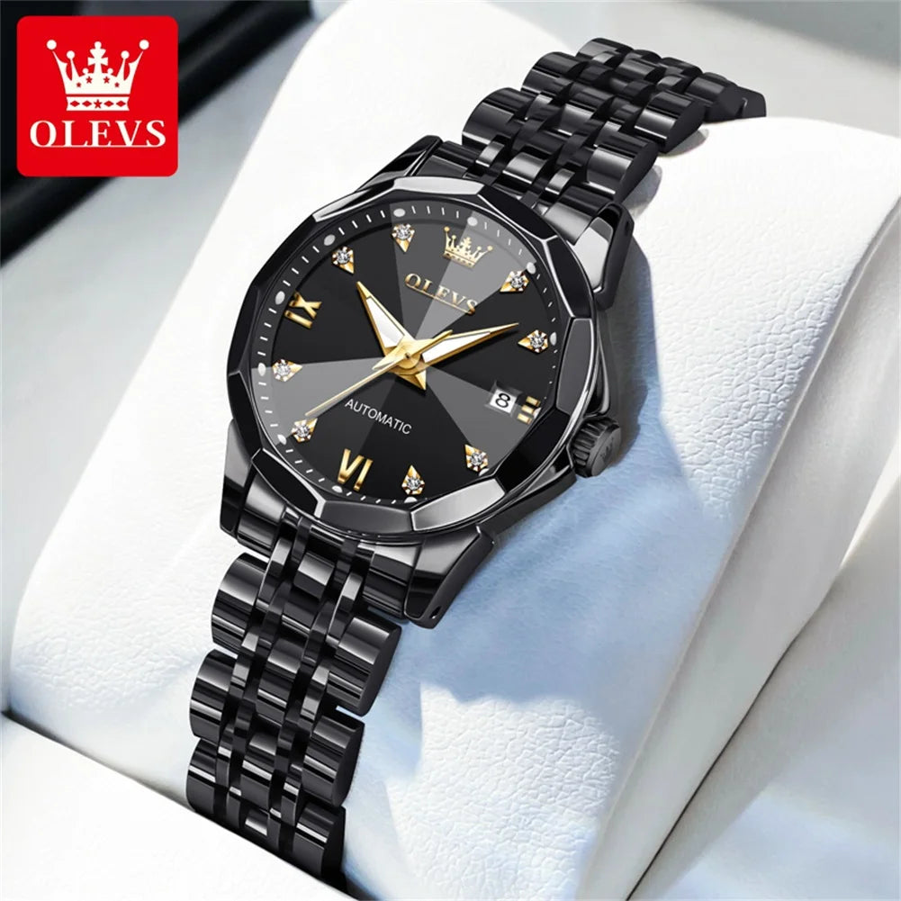 OLEVS Women's Watches Trend Elegant Sparkling Shining Diamond Scale Original Automatic Mechanical Wristwatch for Lady Waterproof