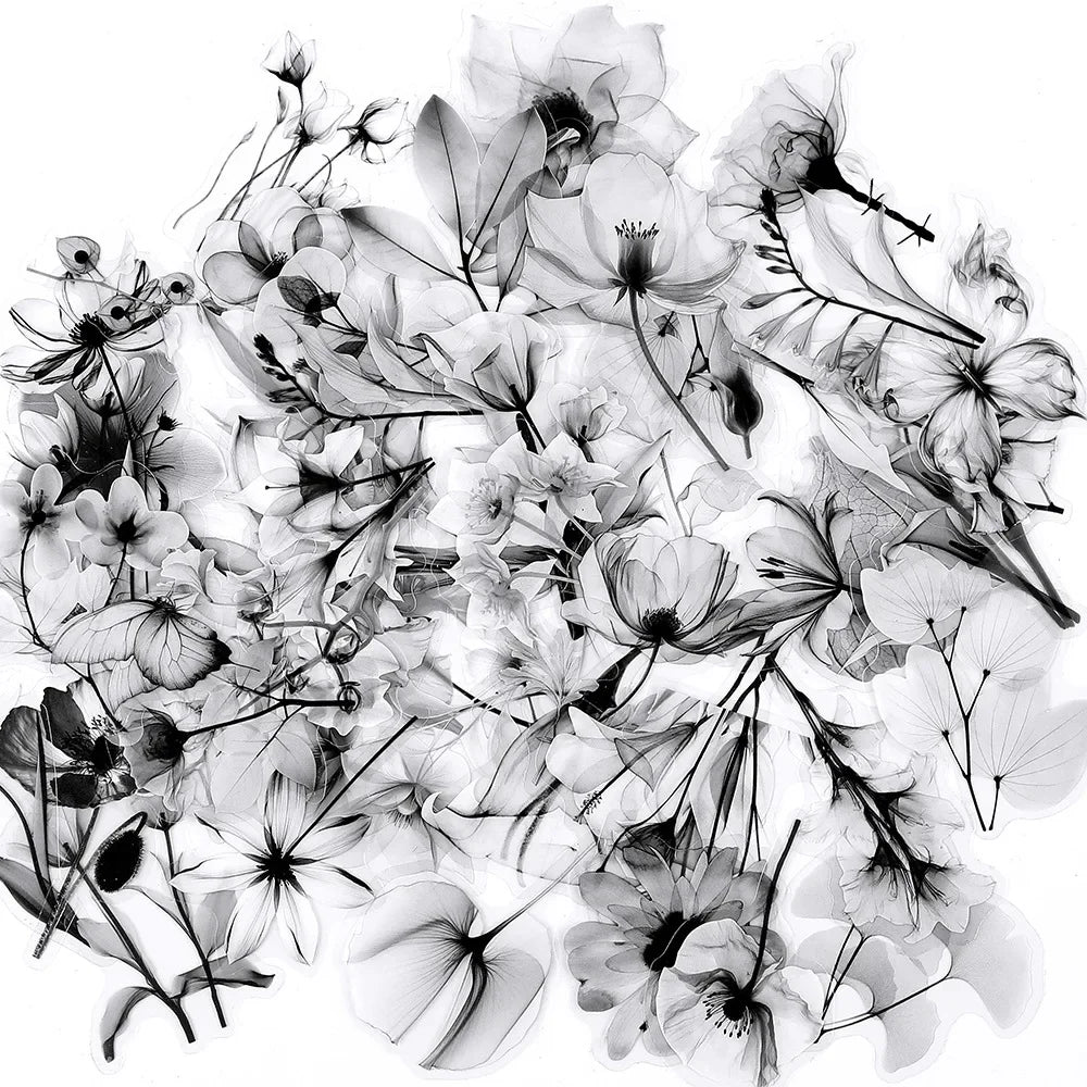 50PCS Black and White Transparent Flowers Graffiti Sticker Flowers Cartoon PET Decal Cup Notebook Phone Guitar Fridge Kid Toys
