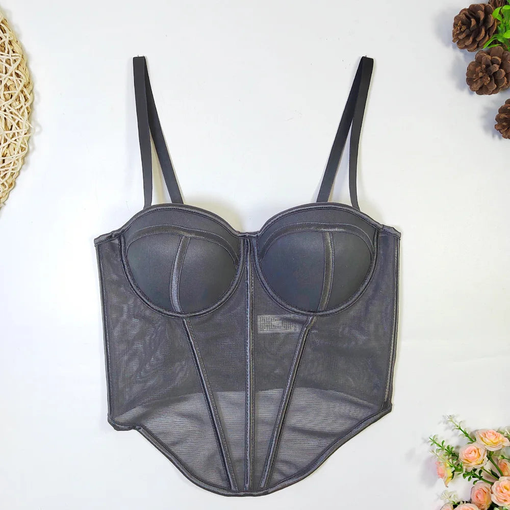 Mesh Transparent Contrasting Lines Women Bustie Sexy Bow Ribbon Ladies Corset Multi Colors Party Blackless Cropped Top Tank Top