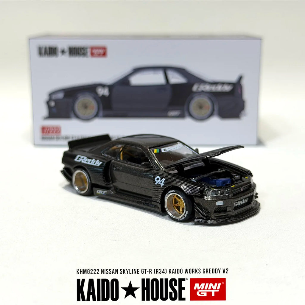 Mini GT x Kaido House 1:64 Nissan Skyline GT-R R34 Kaido Works Greddy V2 Full Carbon Diecast Model Car Item#KHMG222 In Stock