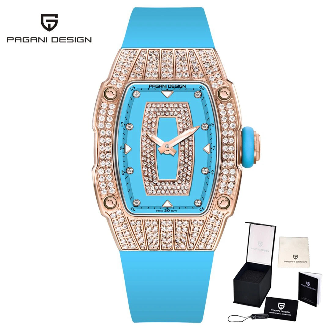 PAGANI DESIGN Top Luxury Diamond encrusted Women's Watch Fashion RubberWaterproof LuminousWine Bucket Case Women'sWatch+Gift Box