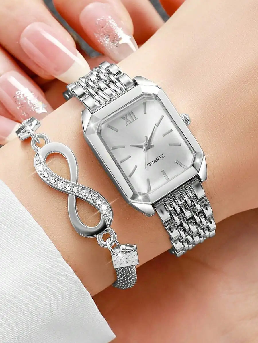 2pcs/Set Women's Fashion Casual Square Minimalist Dial Elegant Quartz Watch + Bracelet, Gift (Watch Box Not Included)
