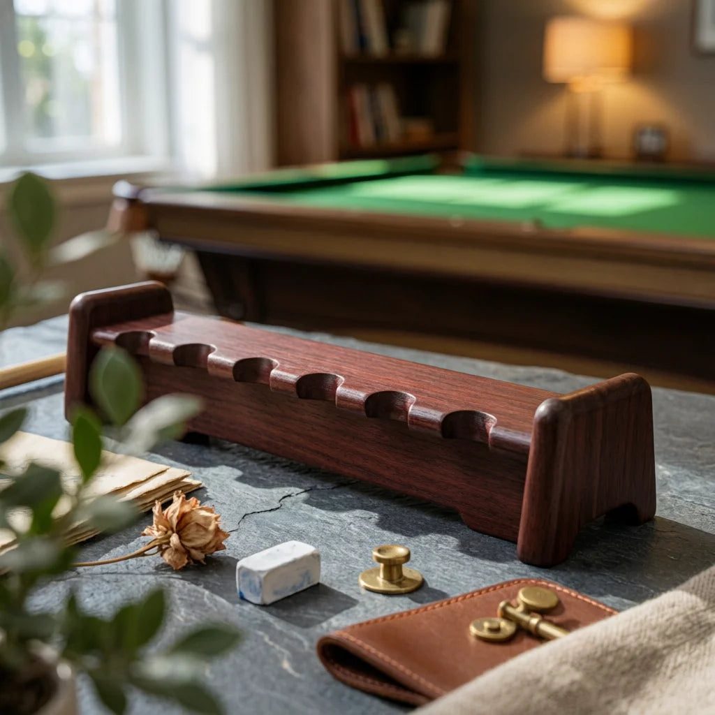 Floor-Standing Cue Rack Lower Shelf Wood Cue Rack Pool Stick Holder Trapezoid Profile Game Room Storage Furniture-Grade