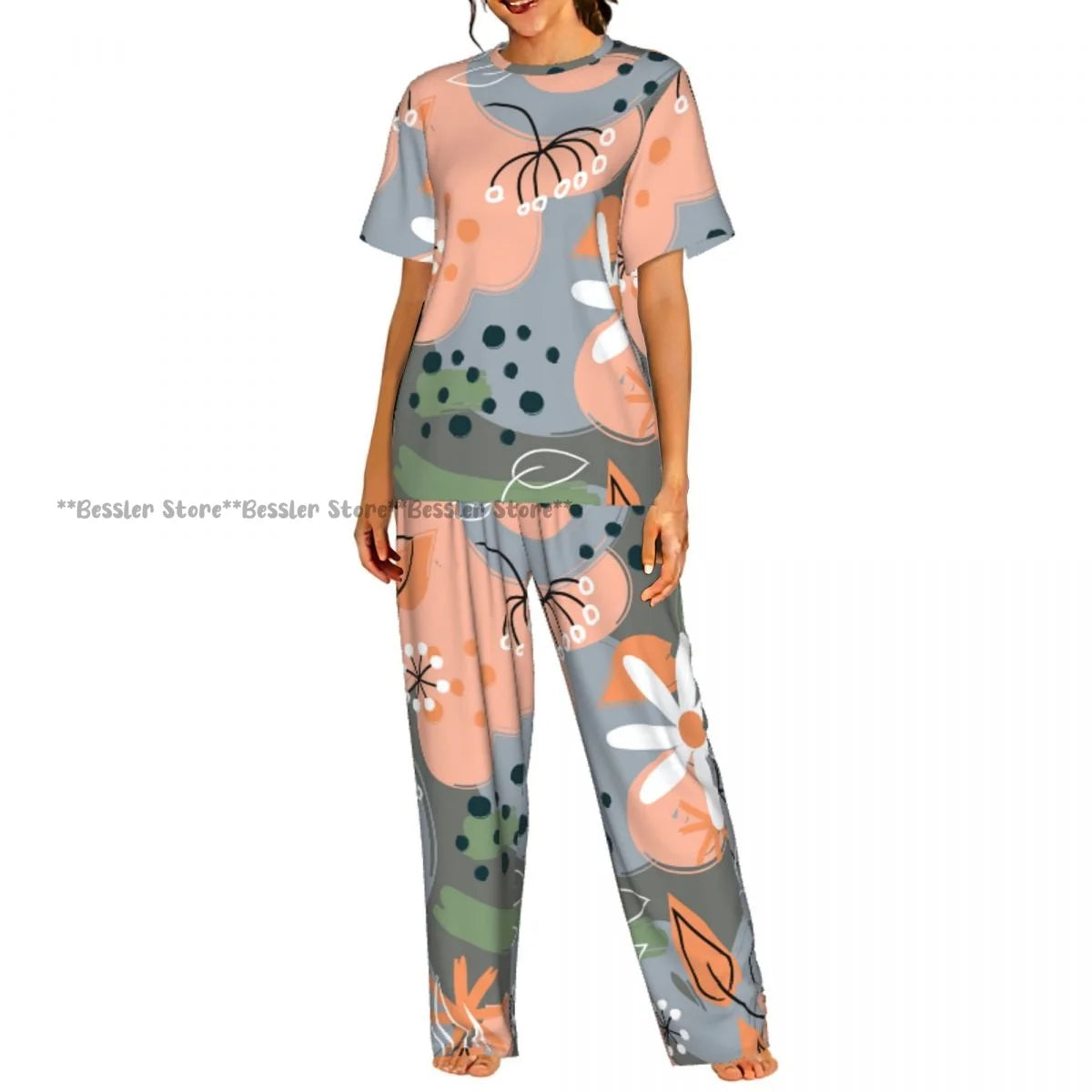 Women's 2-piece set Delicate Daisy Floral Pajamas Short sleeved Top and Pants Sleepwear
