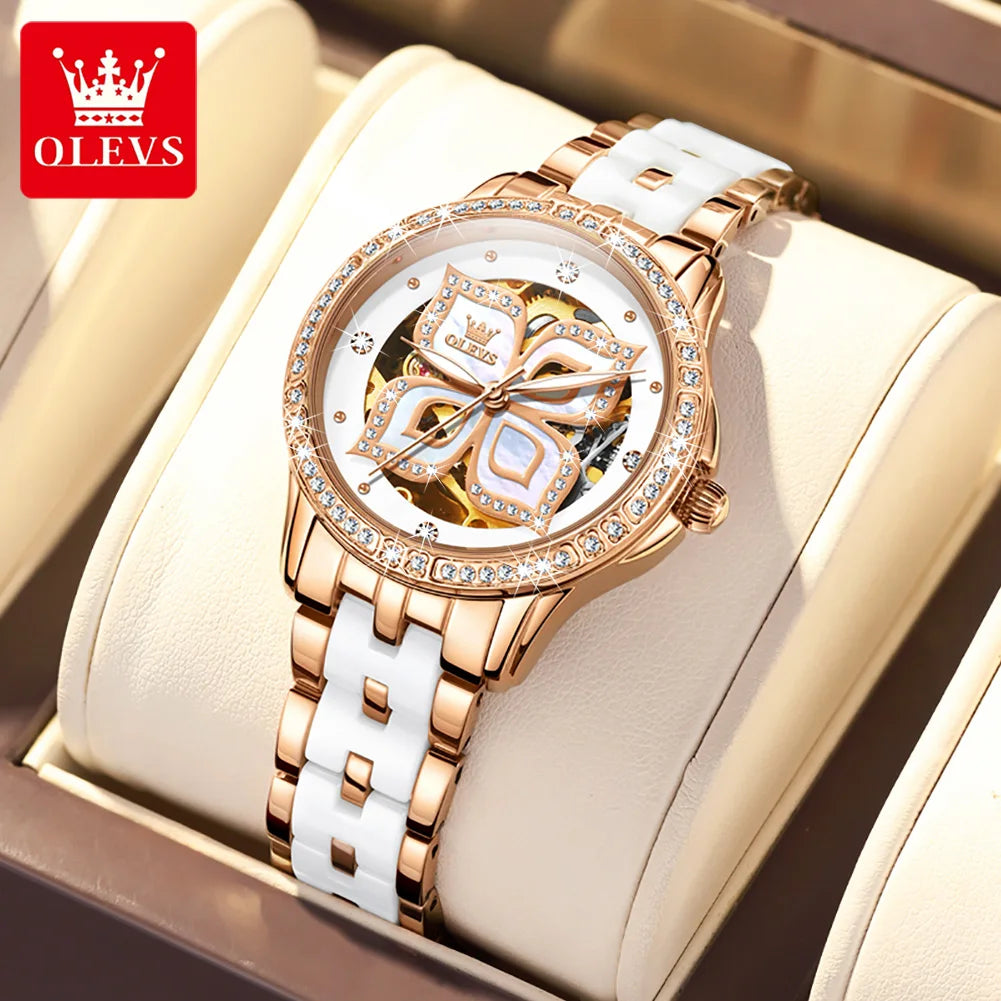 OLEVS 6612 Fashion Women's Watches Lucky Four-Leaf Clover Dial Original Brand Automatic Mechanical Wristwatch Ceramics Strap